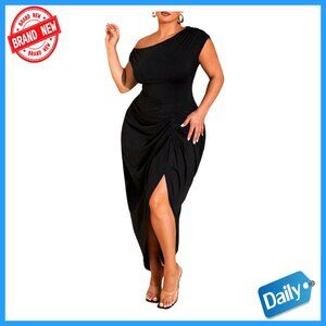 Plus Size Asymmetrical Neck Long Dress Ruched Slit Hem Cocktail